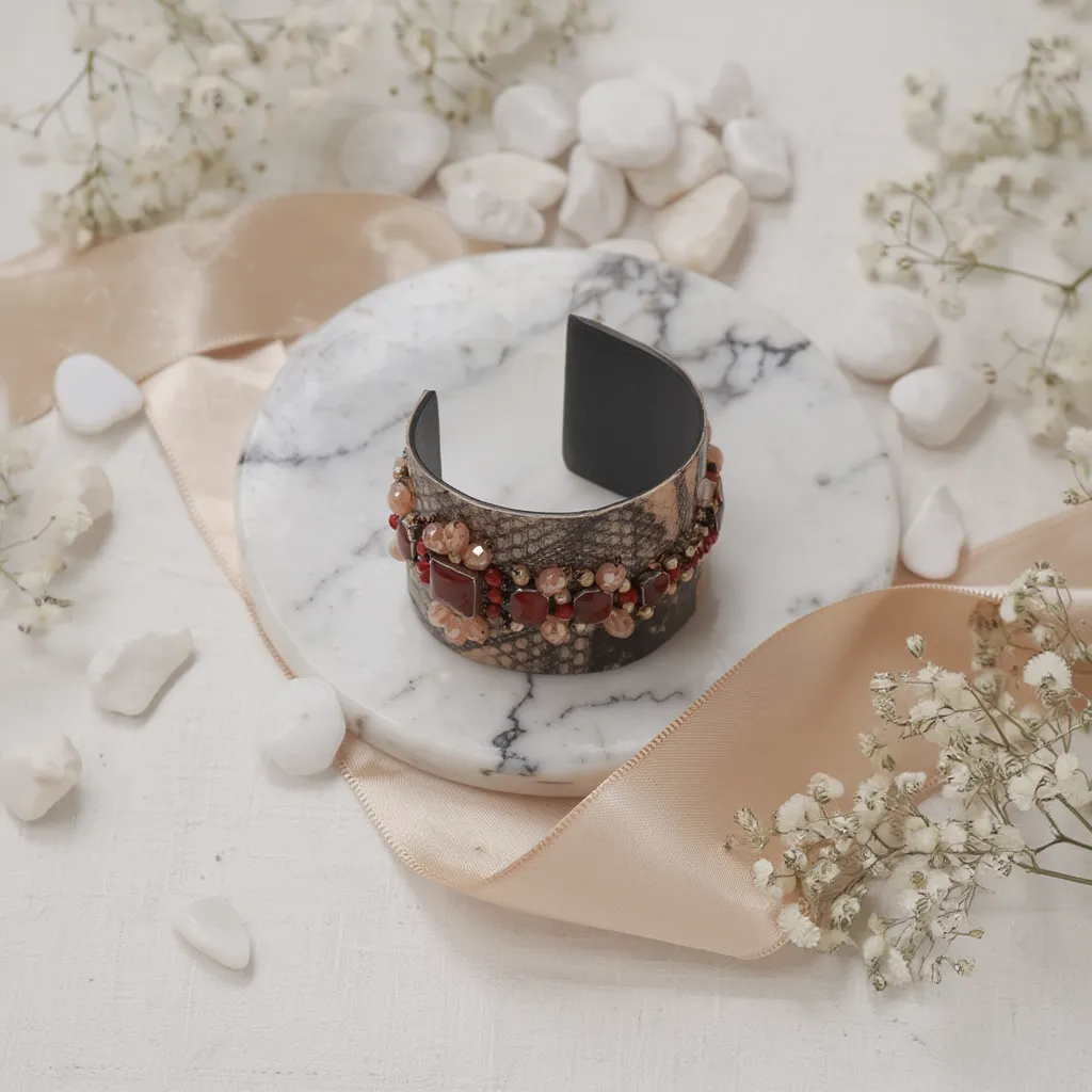 Red Stone Embellished Textured Statement Cuff Bangle for Women