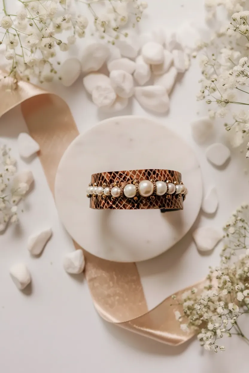 Amica Slexia Pearl Beaded Textured Cuff Bangle for Women