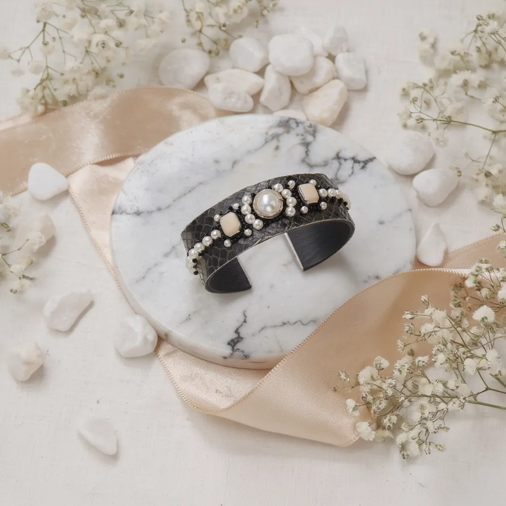 Amica Slexia Pearl & Beige Stone Embellished Textured Cuff Bangle for Women