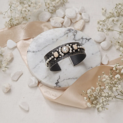 Amica Slexia Pearl & Beige Stone Embellished Textured Cuff Bangle for Women