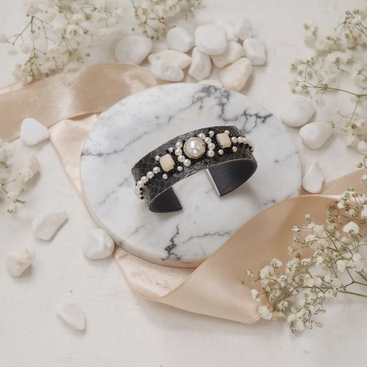 Amica Slexia Pearl & Beige Stone Embellished Textured Cuff Bangle for Women