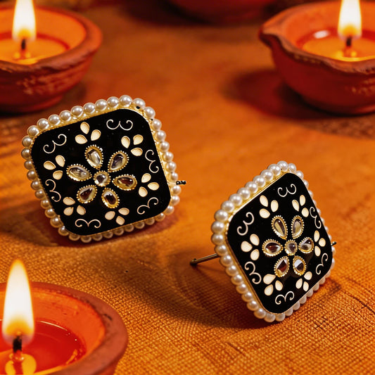 Dazelio Black Kundan Floral Stud Earrings for Women