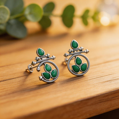 Oxidised Silver Floral Stud Earrings with Green Stone