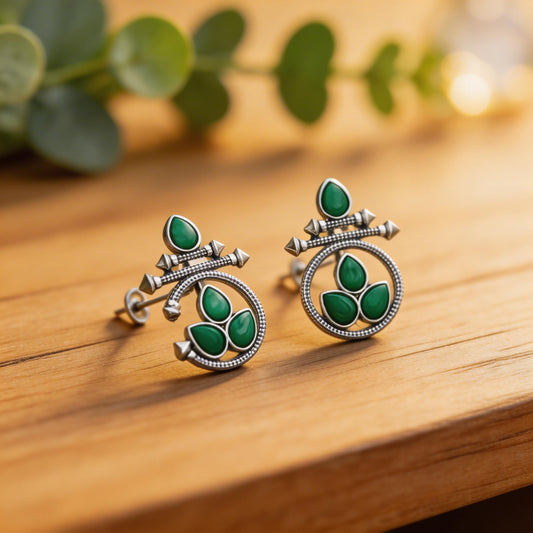 Oxidised Silver Floral Stud Earrings with Green Stone