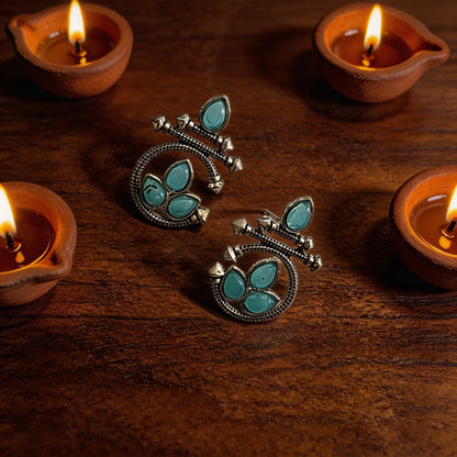 Dazelio Oxidised Silver Sky Blue Stone Ethnic Earrings