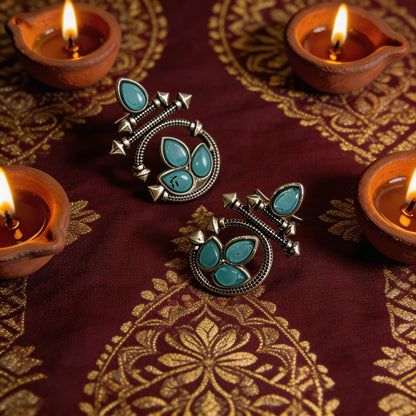 Dazelio Oxidised Silver Sky Blue Stone Ethnic Earrings