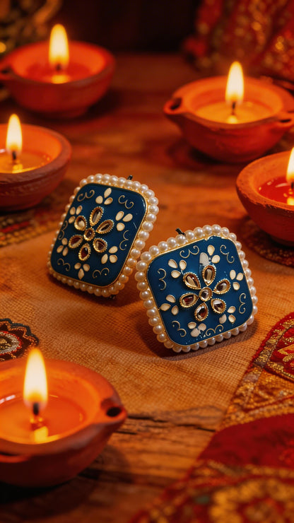 Dazelio Teal Blue Kundan Floral Stud Earrings for Women