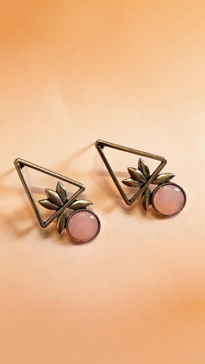 Dazelio Geometric Triangle Floral Stud Earrings with Pink Stone