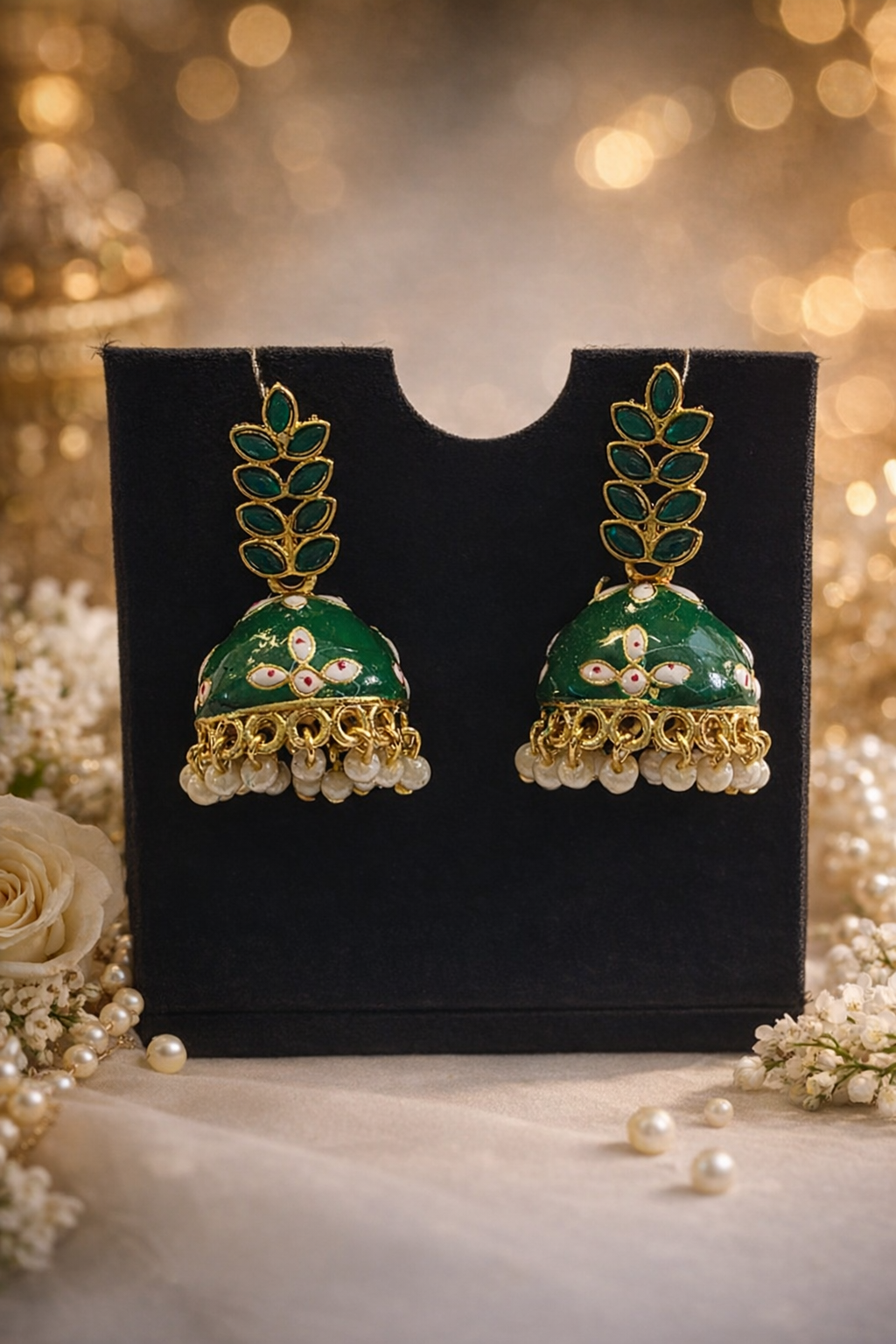Dazelio Green Meenakari Pearl Drop Jhumka Earrings for Women