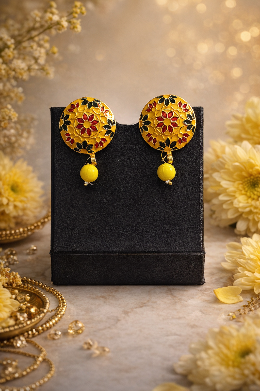 Dazelio Yellow Meenakari Floral Stud Earrings for Women