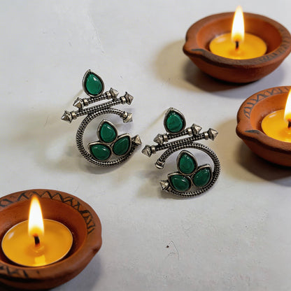 Oxidised Silver Floral Stud Earrings with Green Stone