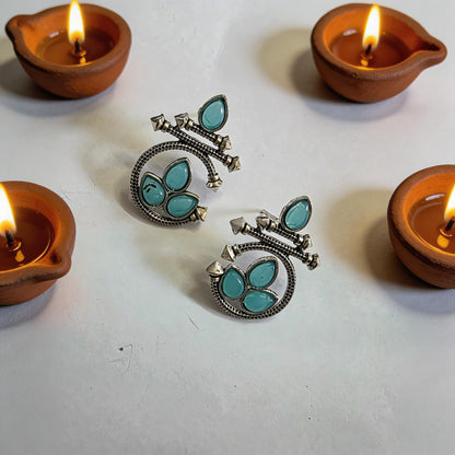 Dazelio Oxidised Silver Sky Blue Stone Ethnic Earrings
