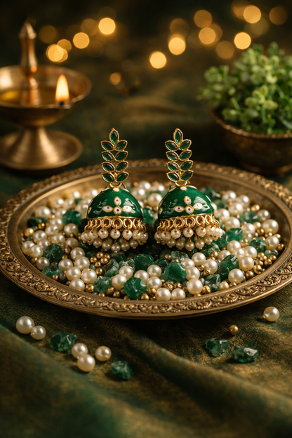 Dazelio Green Meenakari Pearl Drop Jhumka Earrings for Women