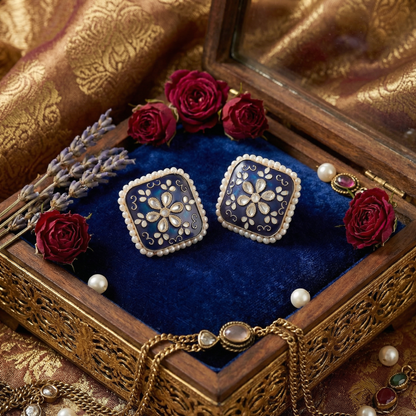 Dazelio Blue Kundan Floral Stud Earrings for Women