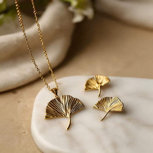 Dazelio Gold Leaf Necklace & Stud Earrings Set for Women