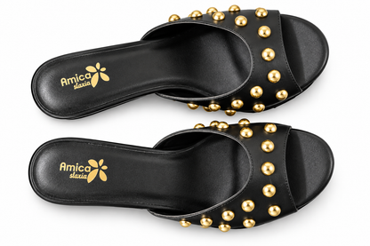 Women’s Black Block Heel Sandals with Golden Studs