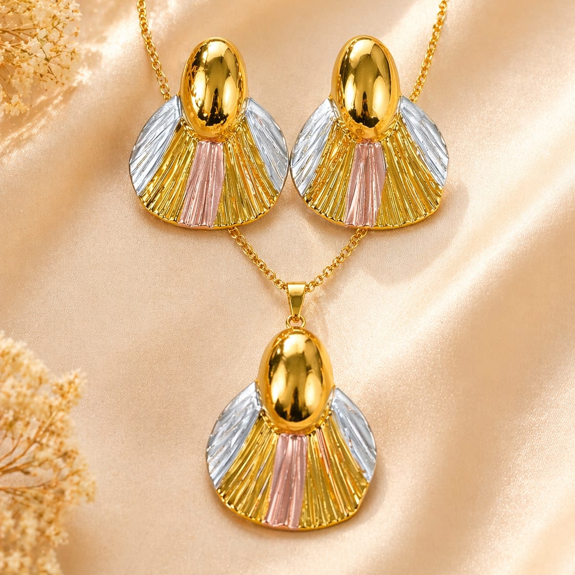 Dazelio Women's Premium Tri-Tone Statement Pendant Necklace & Stud Earrings Set