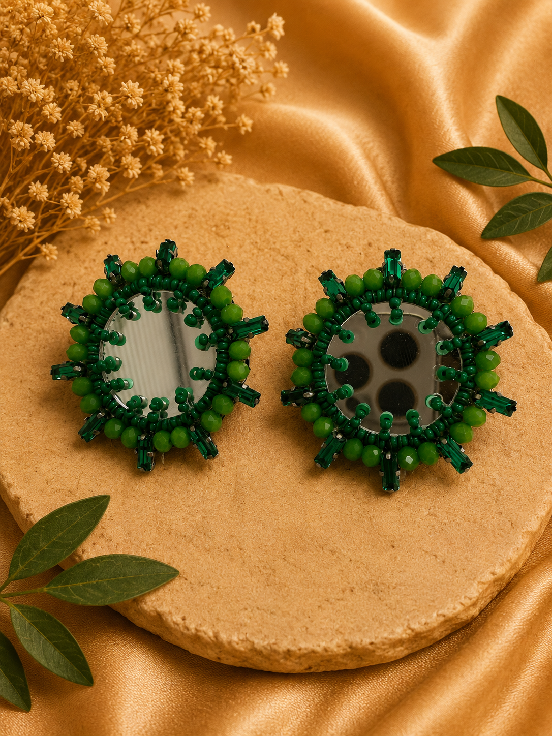Amicaslexia Emerald Mirror Beaded Statement Earrings
