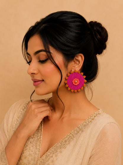 Amicaslexia Handmade Pink Floral Beaded Statement Earrings
