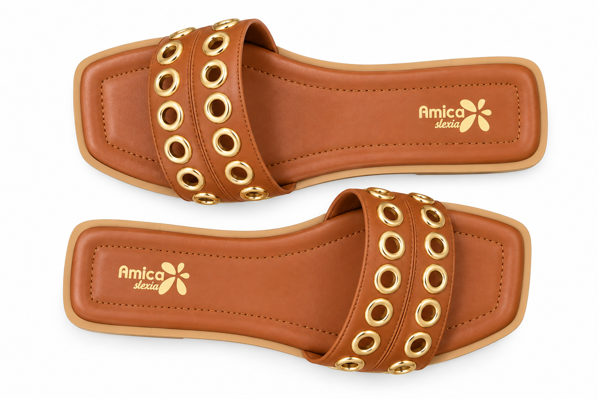 Women’s Brown Flat Sandals with Golden Eyelet Detailing