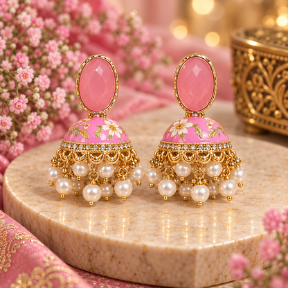 Pink Floral Pearl Jhumka Earrings for Women