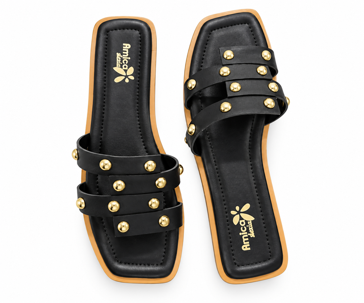 Women’s Black Flat Sandals with Golden Studs