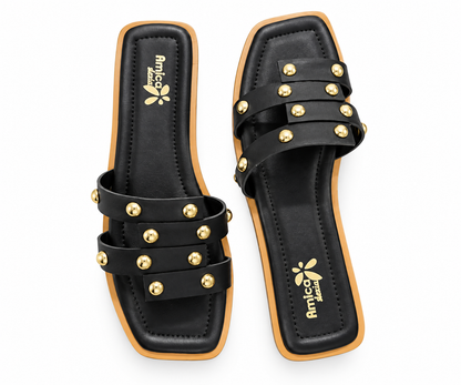 Women’s Black Flat Sandals with Golden Studs