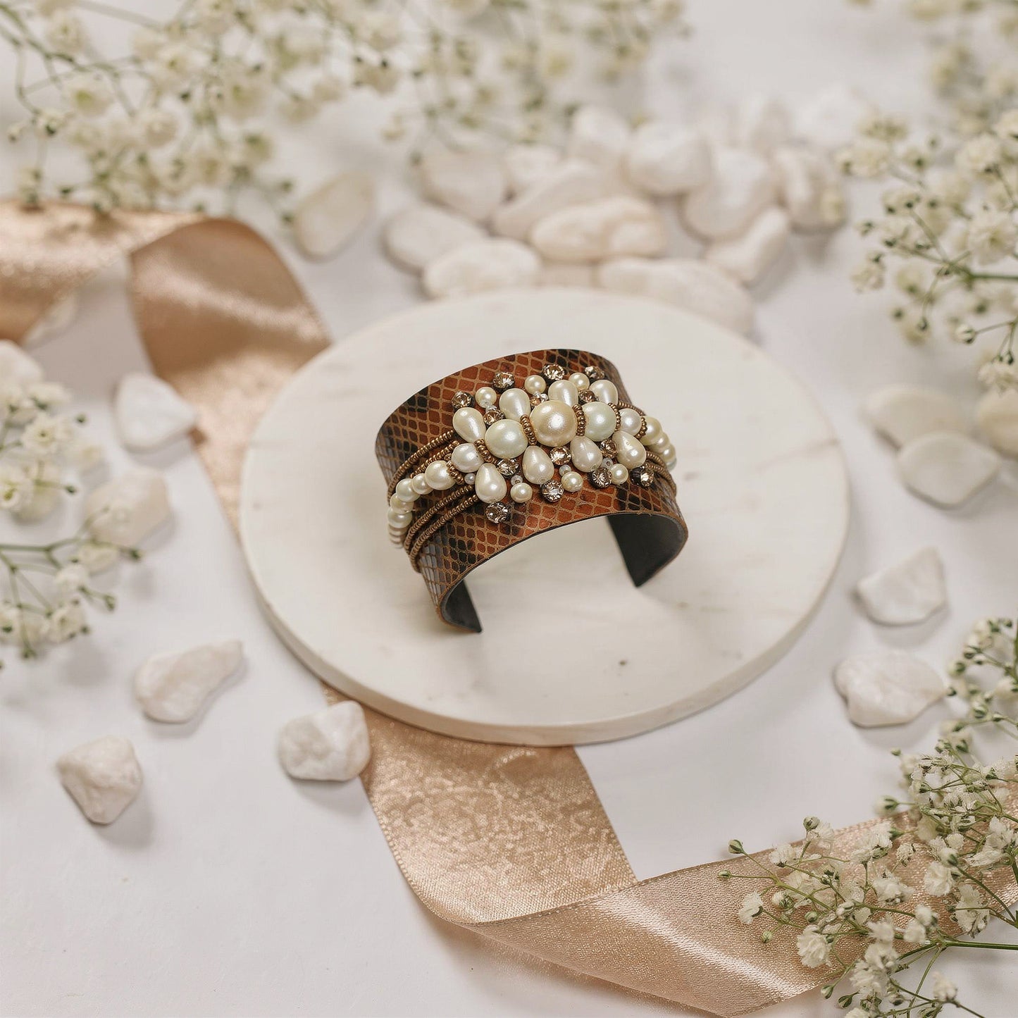 Amica Slexia Pearl Embellished Textured Cuff Bangle for Women