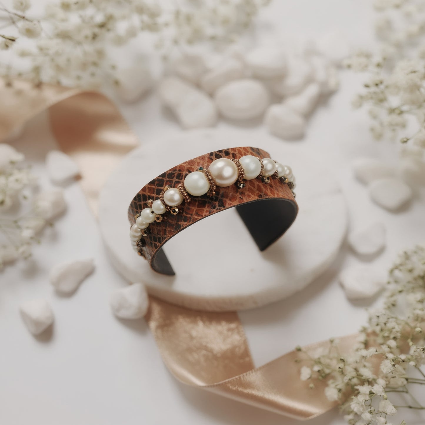 Amica Slexia Pearl Beaded Textured Cuff Bangle for Women