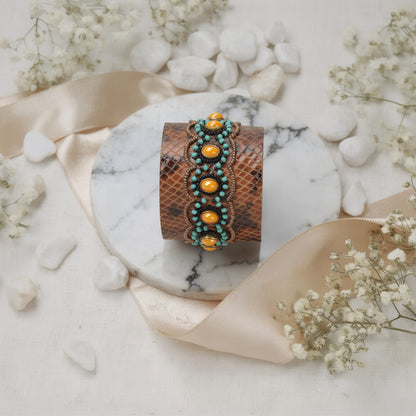 Turquoise & Amber Stone Embellished Textured Cuff Bangle for Women