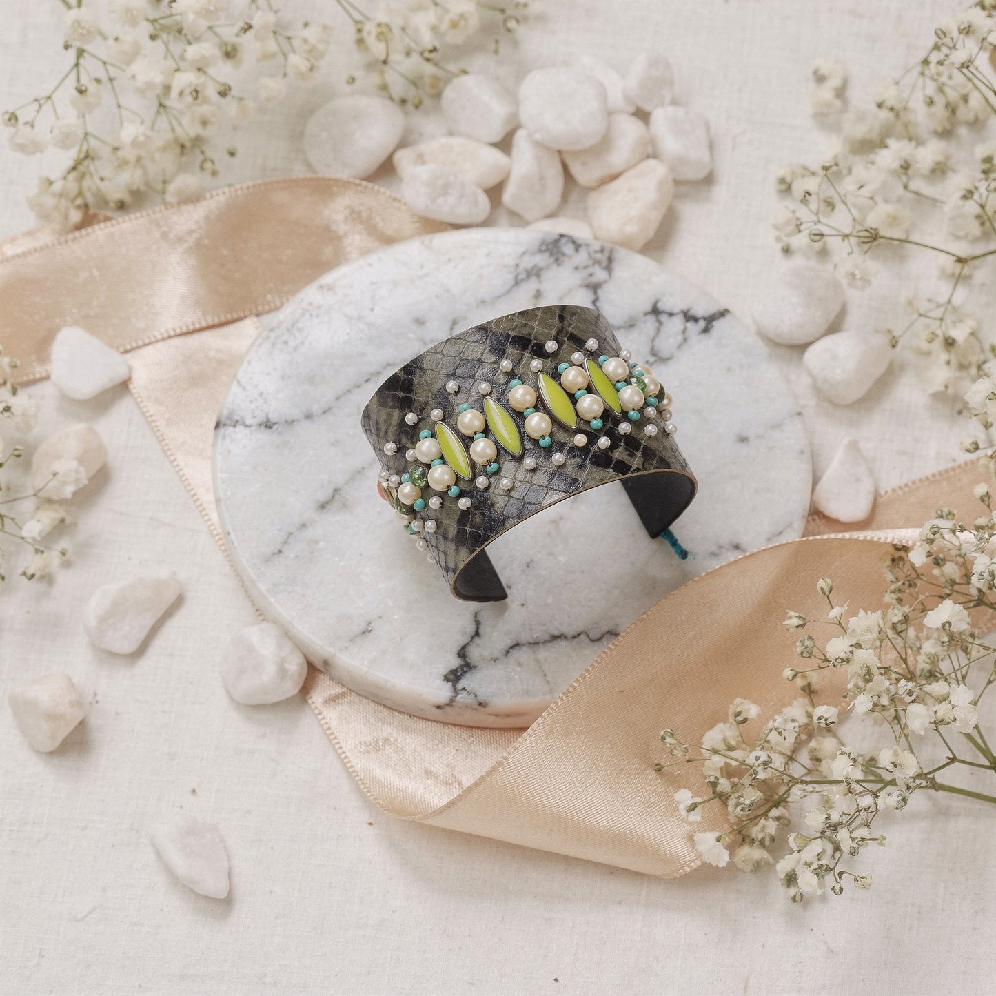 Amica Slexia Black Textured Cuff Bangle with Pearl & Green Stone Embellishments