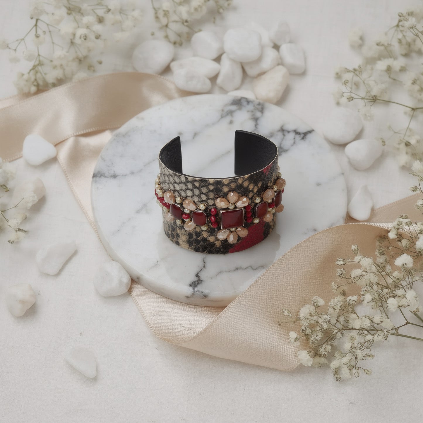 Red Stone Embellished Textured Statement Cuff Bangle for Women