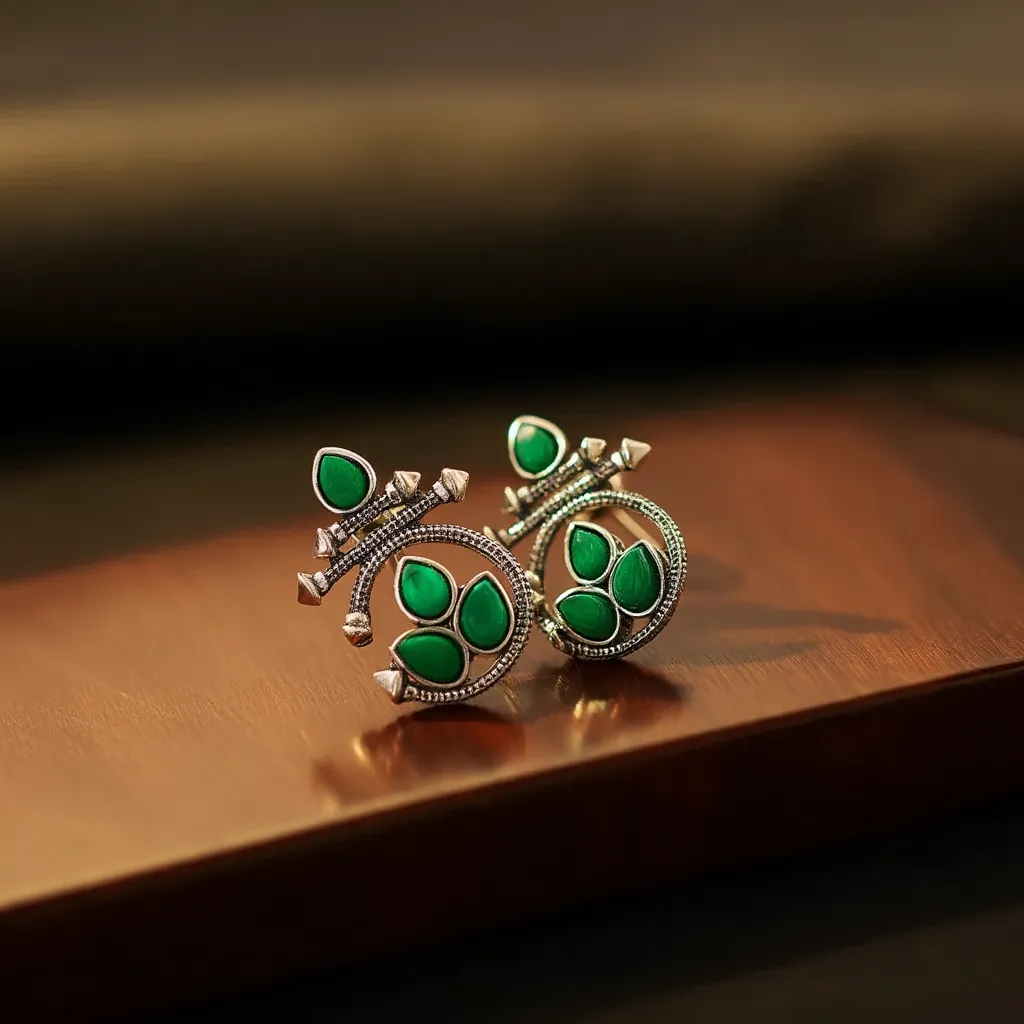 Oxidised Silver Floral Stud Earrings with Green Stone