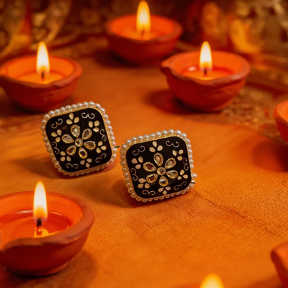 Dazelio Black Kundan Floral Stud Earrings for Women