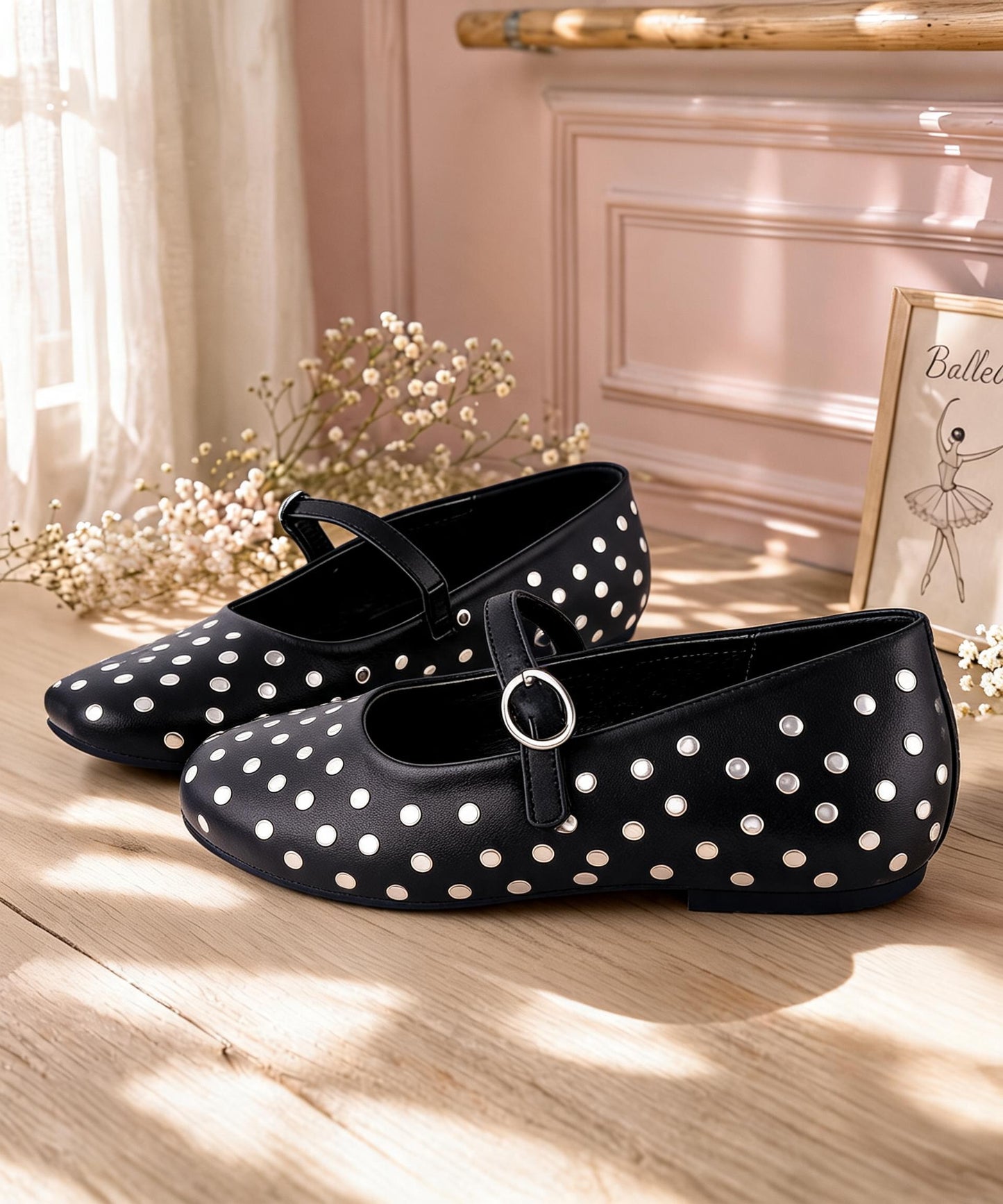 Women’s Black Polka Dot Strap Ballerinas