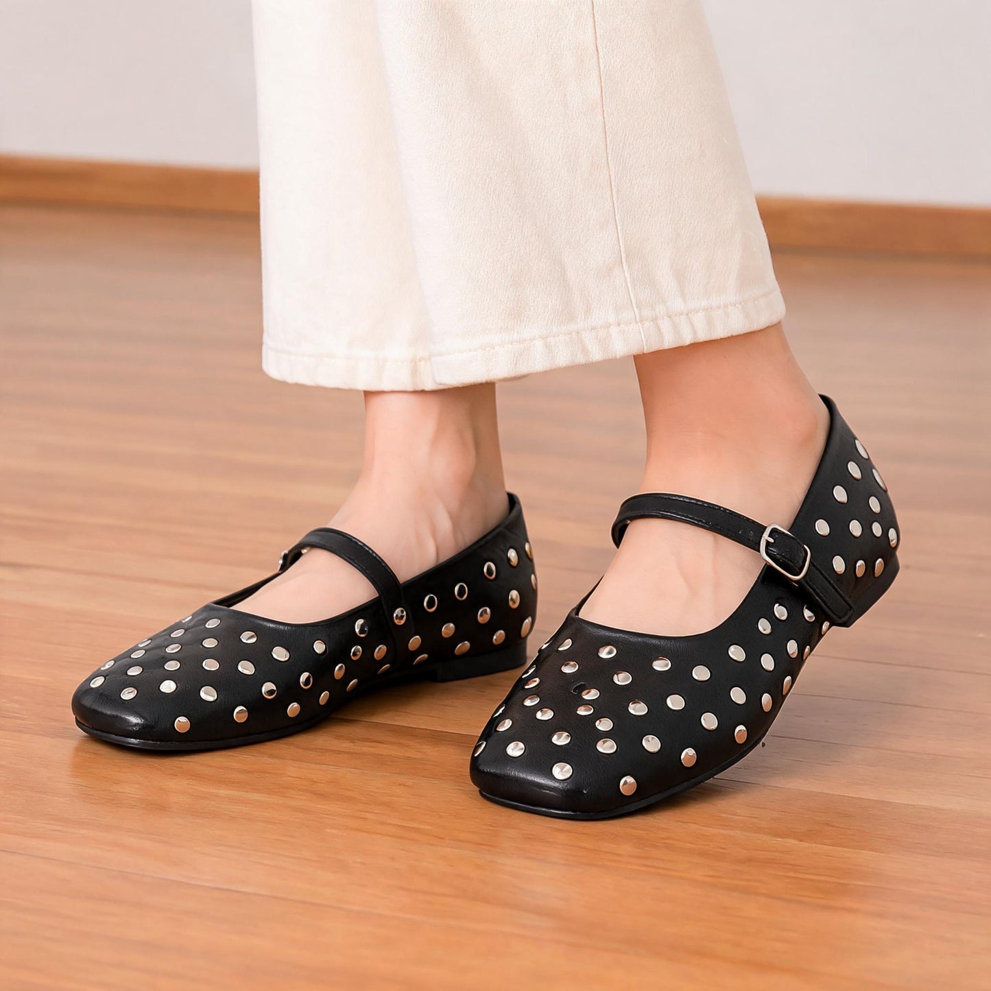 Women’s Black Polka Dot Strap Ballerinas
