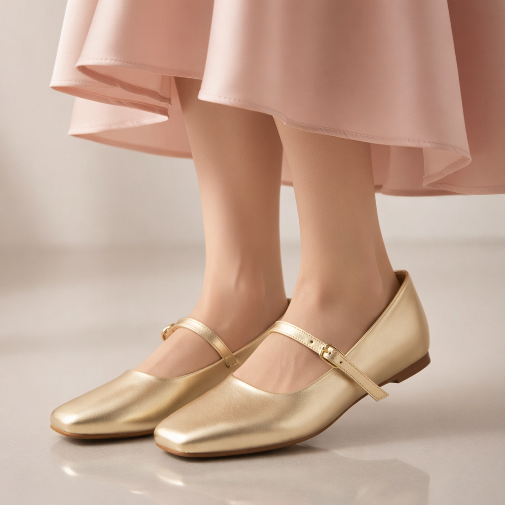 Women’s Golden Metallic Strap Ballerinas Flats