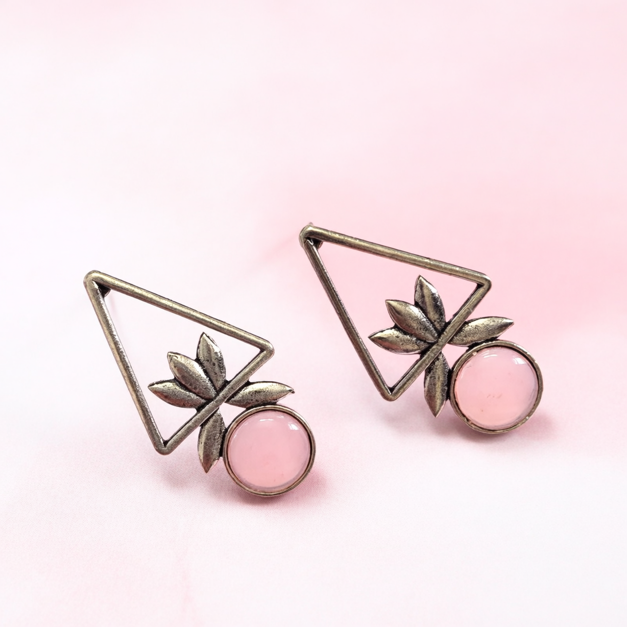 Dazelio Geometric Triangle Floral Stud Earrings with Pink Stone