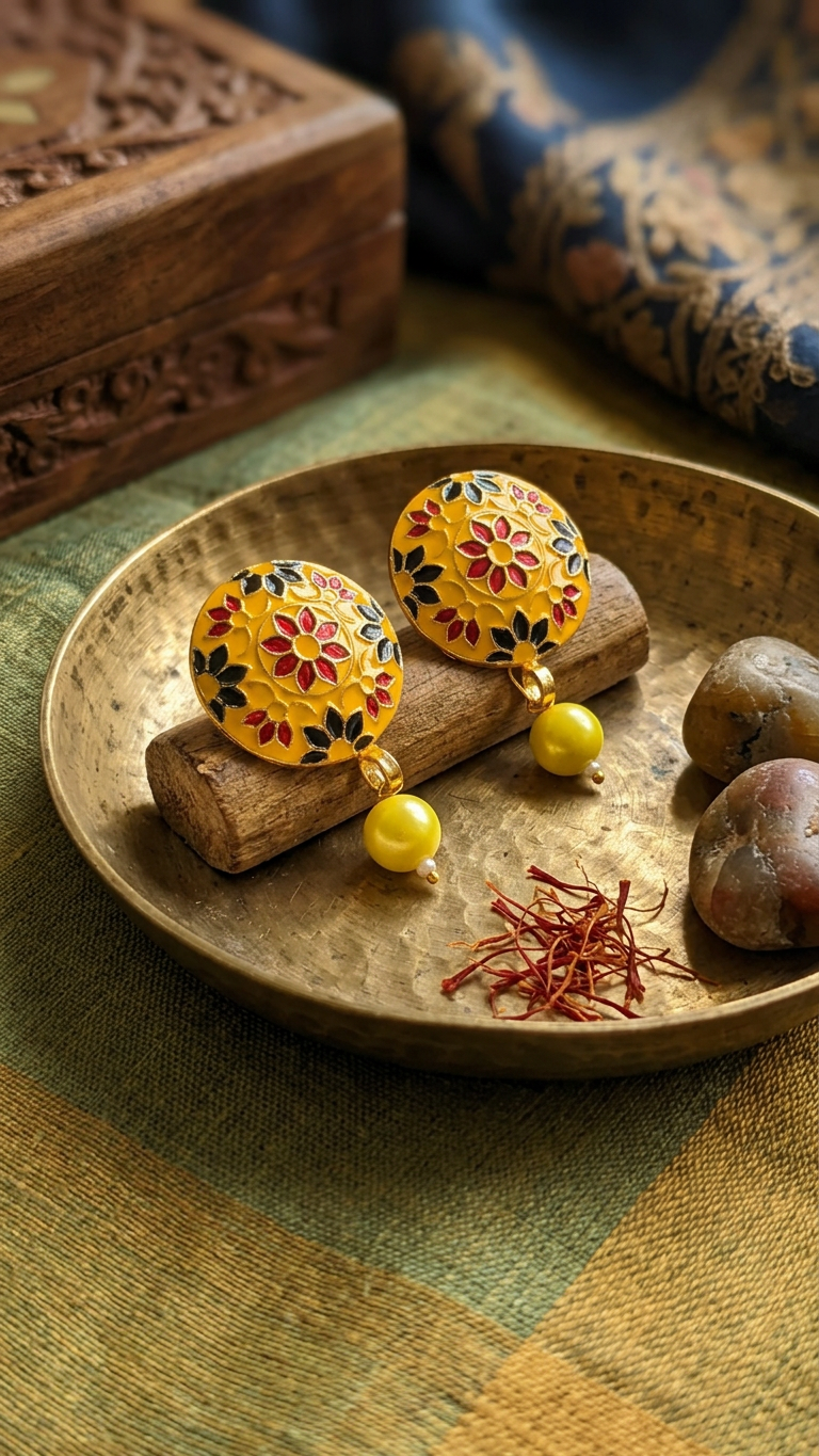 Dazelio Yellow Meenakari Floral Stud Earrings for Women