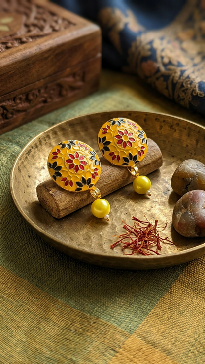 Dazelio Yellow Meenakari Floral Stud Earrings for Women