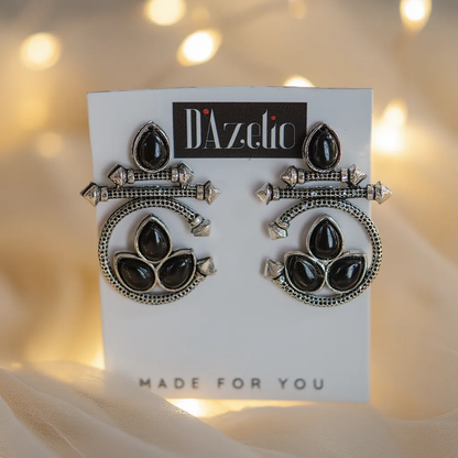 Dazelio Oxidised Silver Black Stone Ethnic Earrings