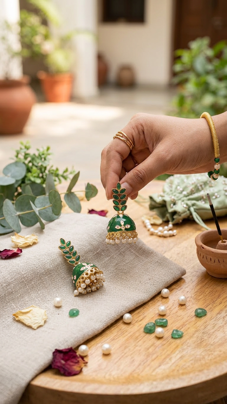 Dazelio Green Meenakari Pearl Drop Jhumka Earrings for Women