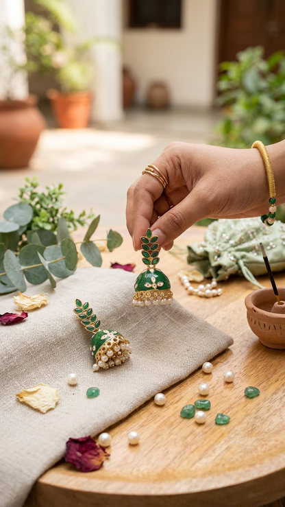 Dazelio Green Meenakari Pearl Drop Jhumka Earrings for Women