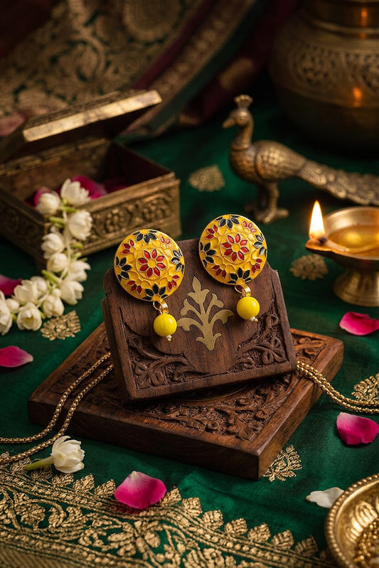 Dazelio Yellow Meenakari Floral Stud Earrings for Women
