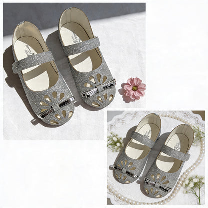 AmicaSlexia Girls Silver Glitter Ballerina Flats with Bow