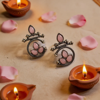 Oxidised Silver Floral Stud Earrings with Pink Stone