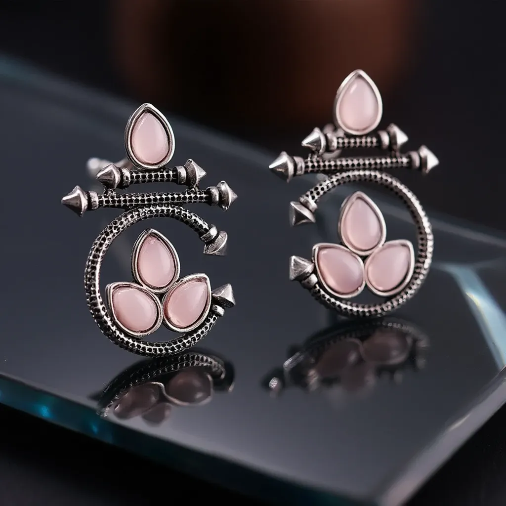 Oxidised Silver Floral Stud Earrings with Pink Stone
