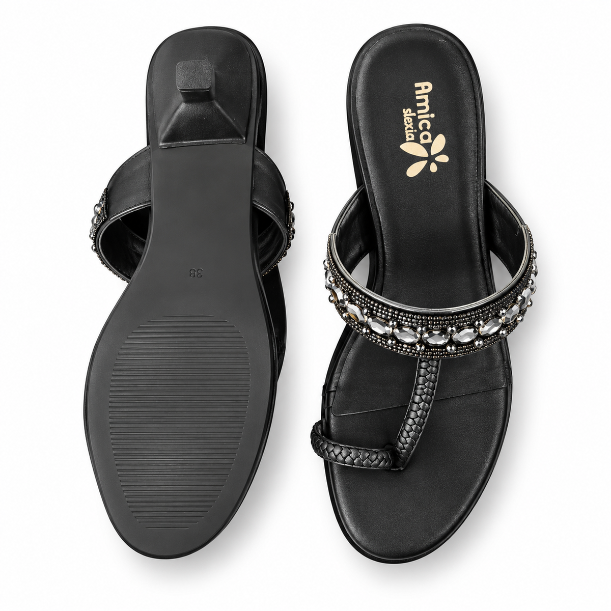 Women’s Black Heeled Sandals with Rhinestone Detailing