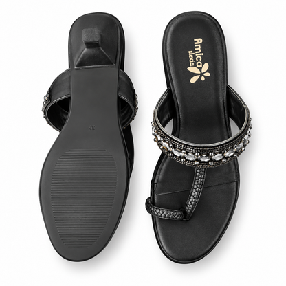 Women’s Black Heeled Sandals with Rhinestone Detailing
