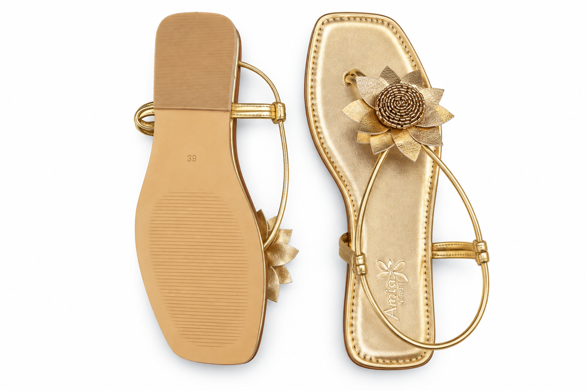 Women’s Golden Flat Sandals with Floral Embellishment